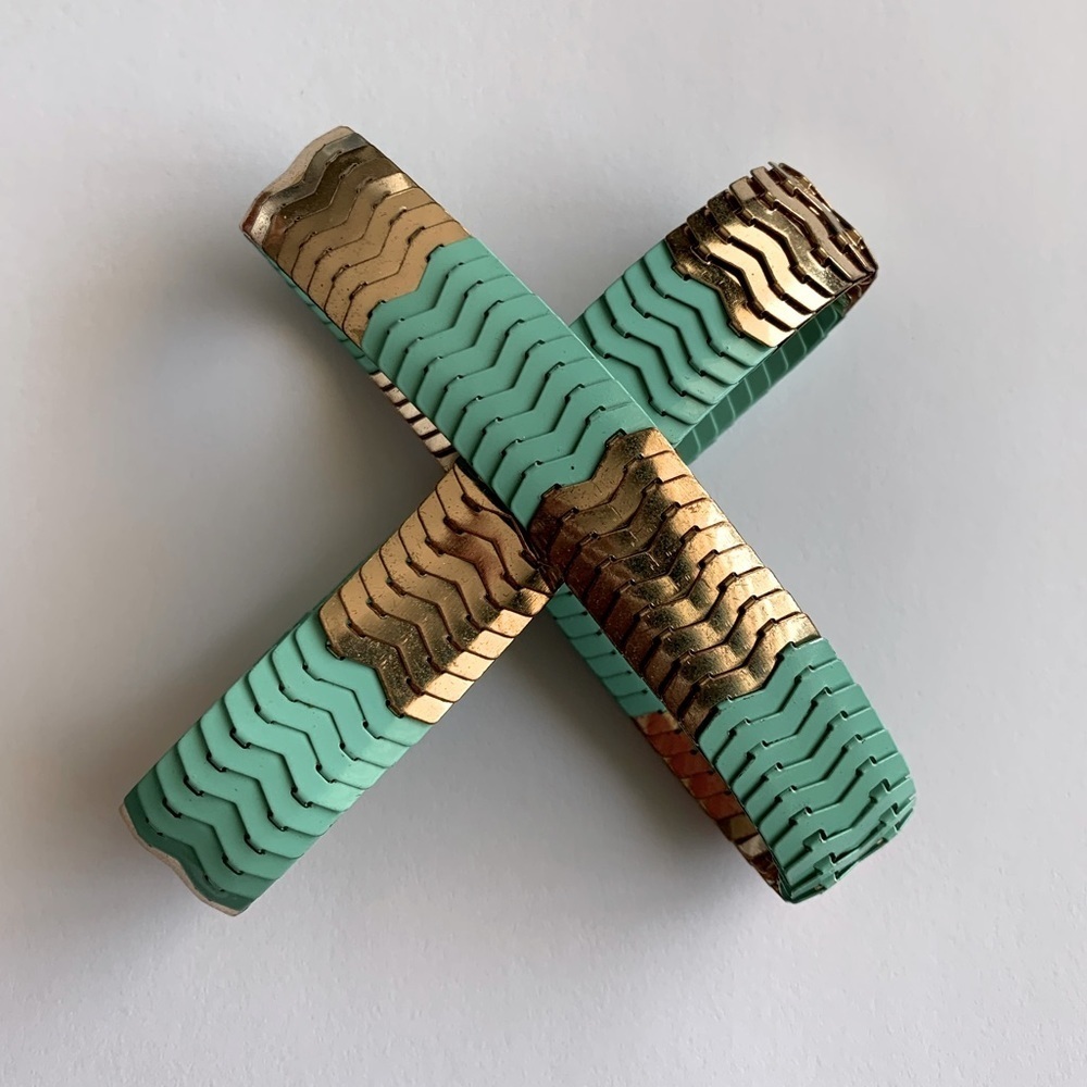 Intertwining Gold & Aqua Metal Bracelets